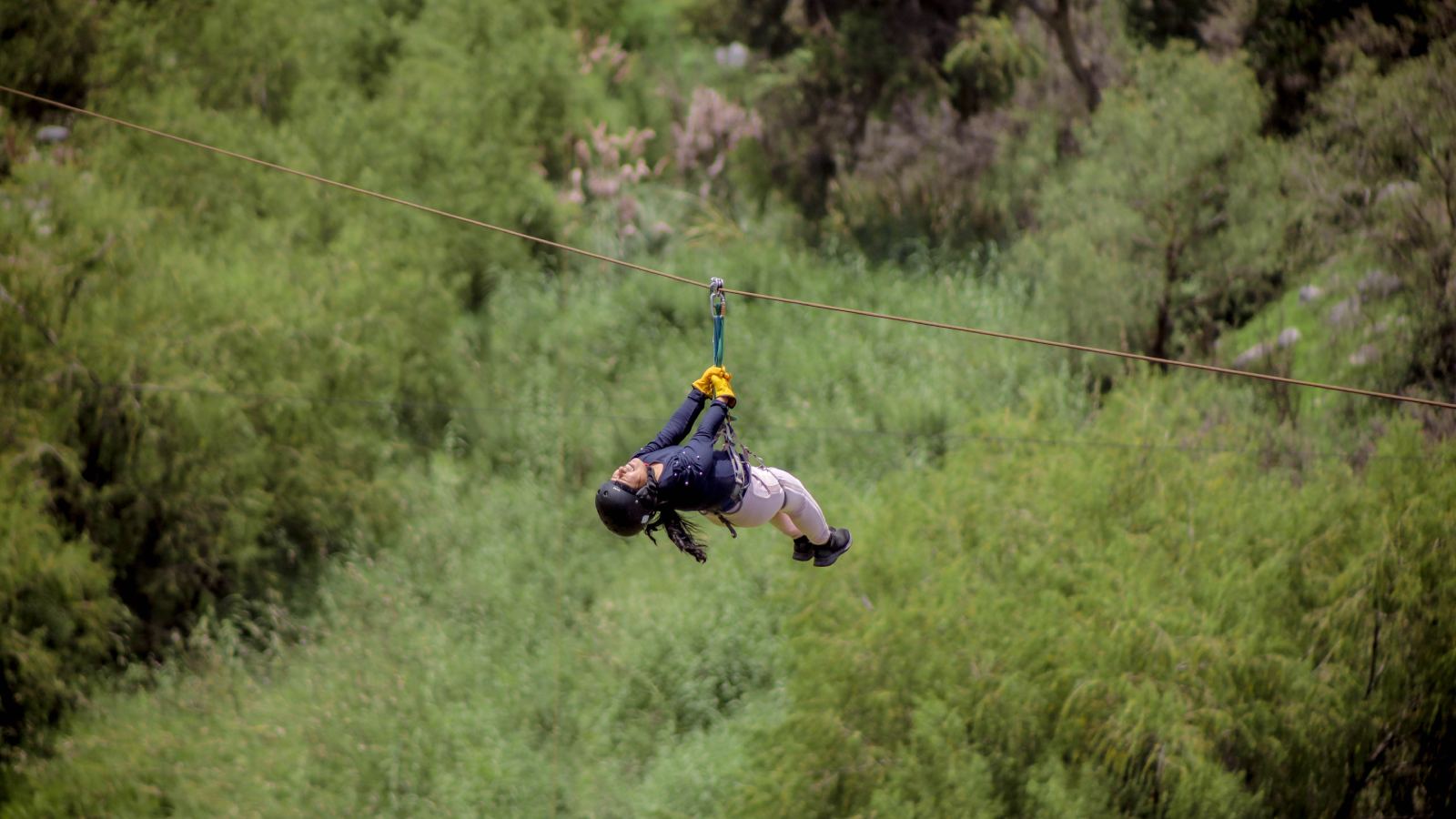 Persona colgando de una cuerda sobre el bosque